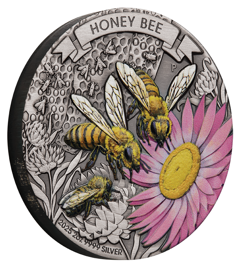 2025 2oz Honey Bee Silver Antiqued Coloured Coin