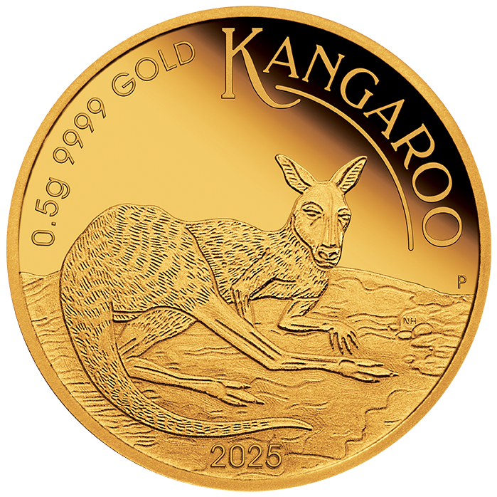 2025 0.5 Gram Gold Proof Coin in Card. Mini Roo.