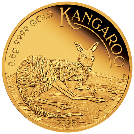 2025 0.5 Gram Gold Proof Coin in Card. Mini Roo.