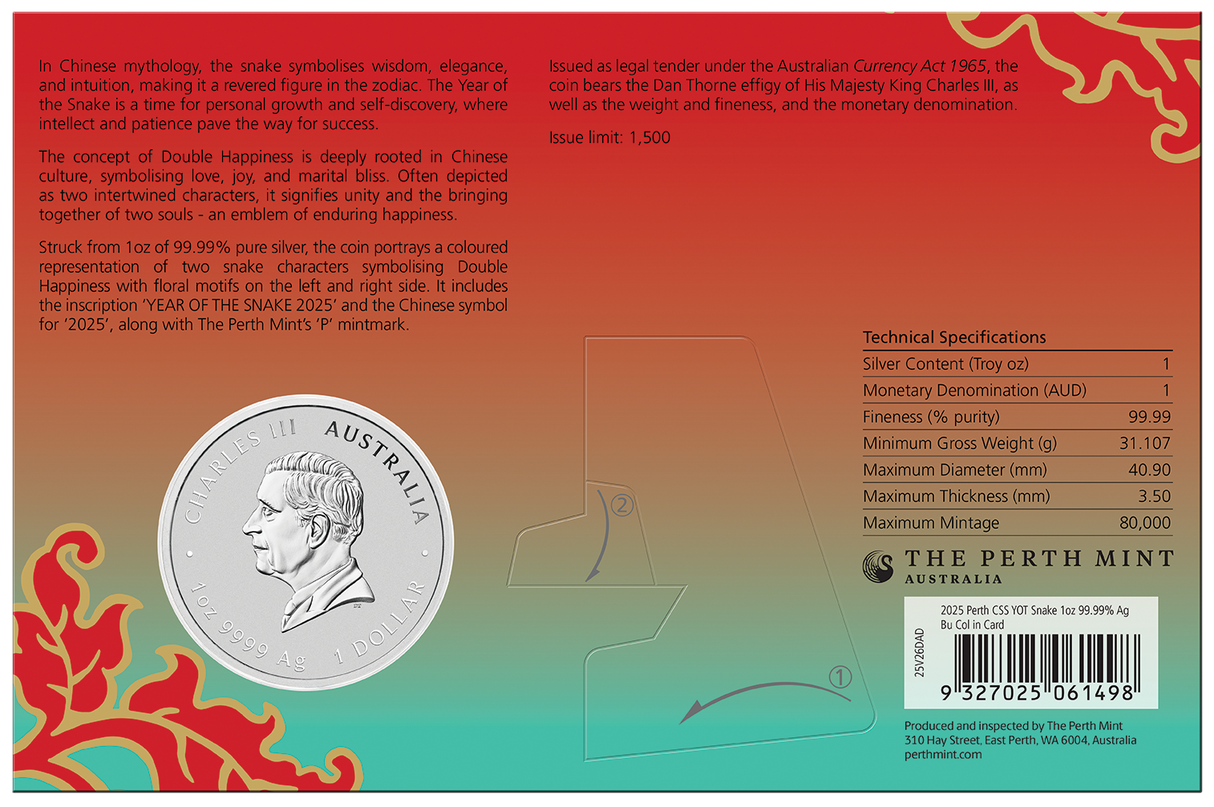 2025 Perth Stamp and Coin Show 1oz Silver Coloured Carded Coin. Double Happiness Xi.
