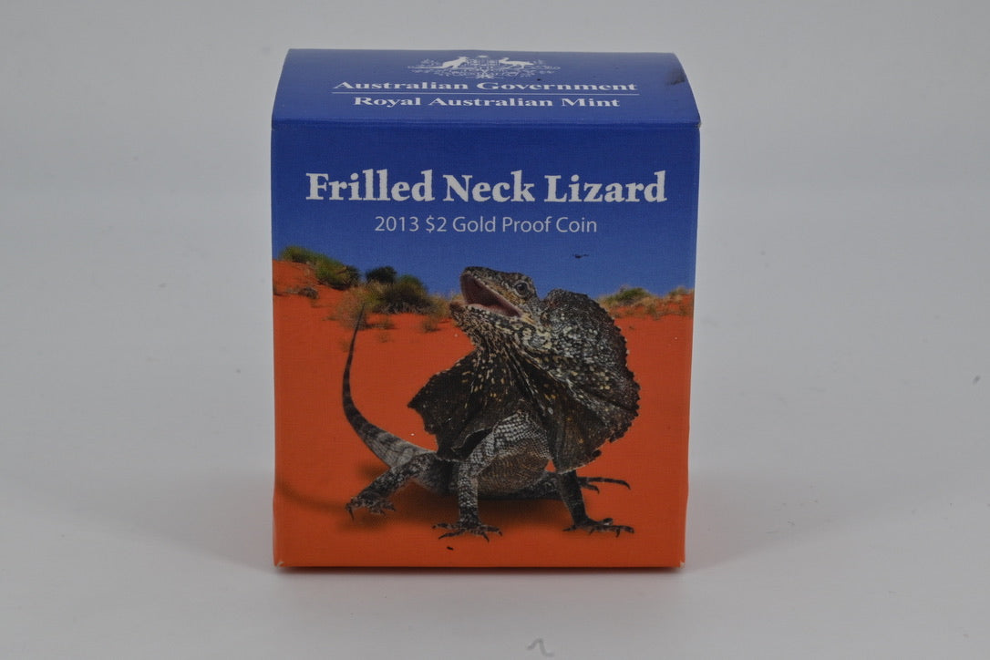 2013 $2 Gold Proof Coin – Frilled Neck Lizard. 0.5 gram gold proof.