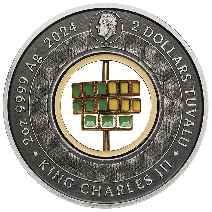 Rubik’s™ Cube 50th Anniversary 2024 2oz Silver Antiqued Coloured Coin