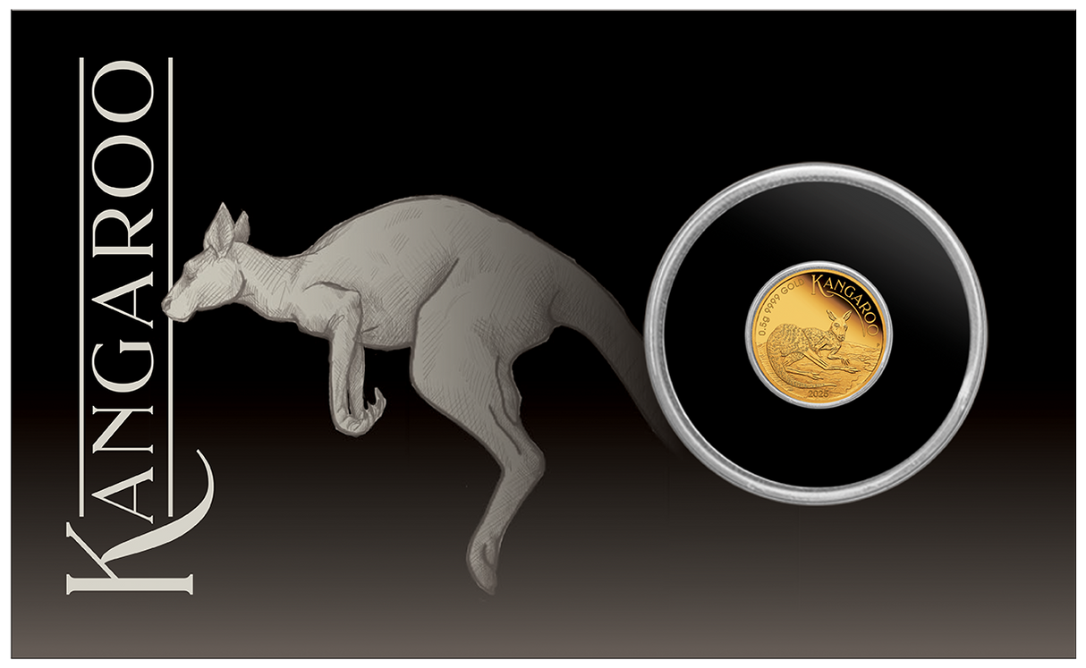 2025 0.5 Gram Gold Proof Coin in Card. Mini Roo.
