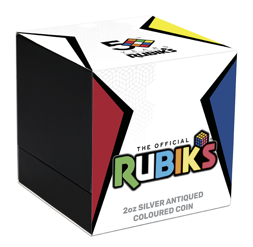 Rubik’s™ Cube 50th Anniversary 2024 2oz Silver Antiqued Coloured Coin