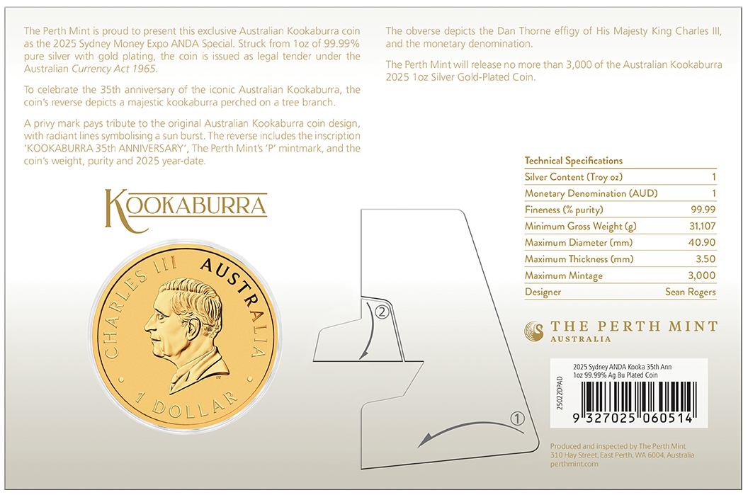 2025 $1 Kookaburra Gold-Gilded 1oz Silver Sydney ANDA Expo Coin