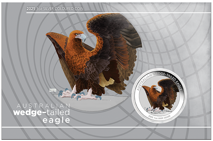 2025 1oz Silver Proof Coloured Coin in Card. Australian Wedge-Tailed Eagle.