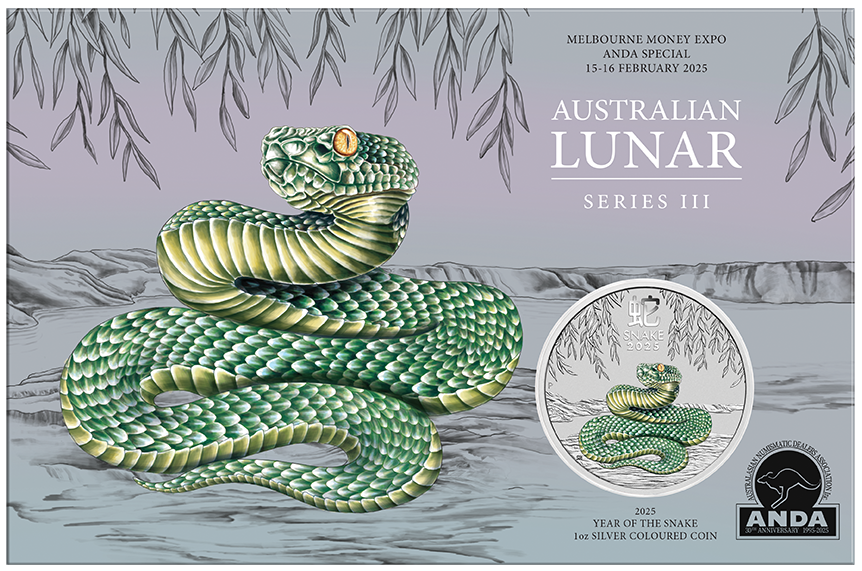 2025 $1 1oz Silver Carded Coin. Melbourne ANDA Special. Australian Lunar Series III. Year of the Snake.