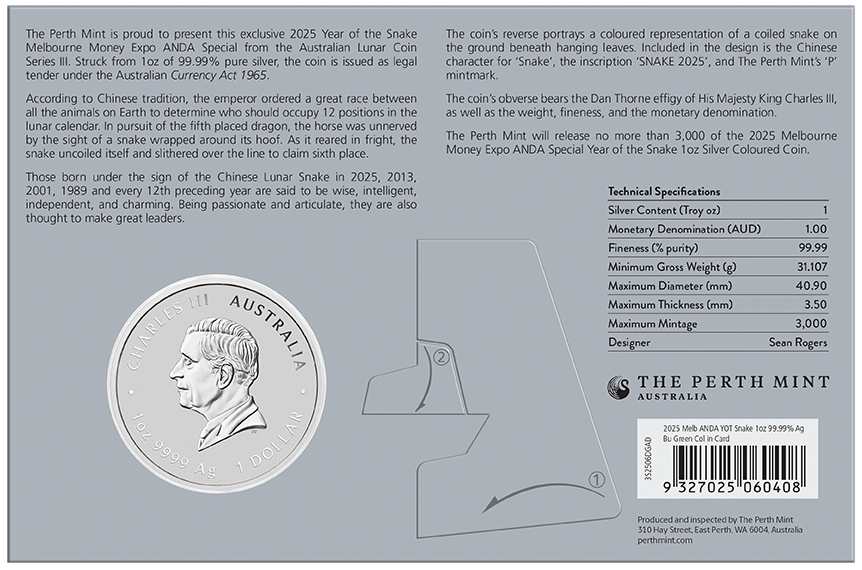 2025 $1 1oz Silver Carded Coin. Melbourne ANDA Special. Australian Lunar Series III. Year of the Snake.