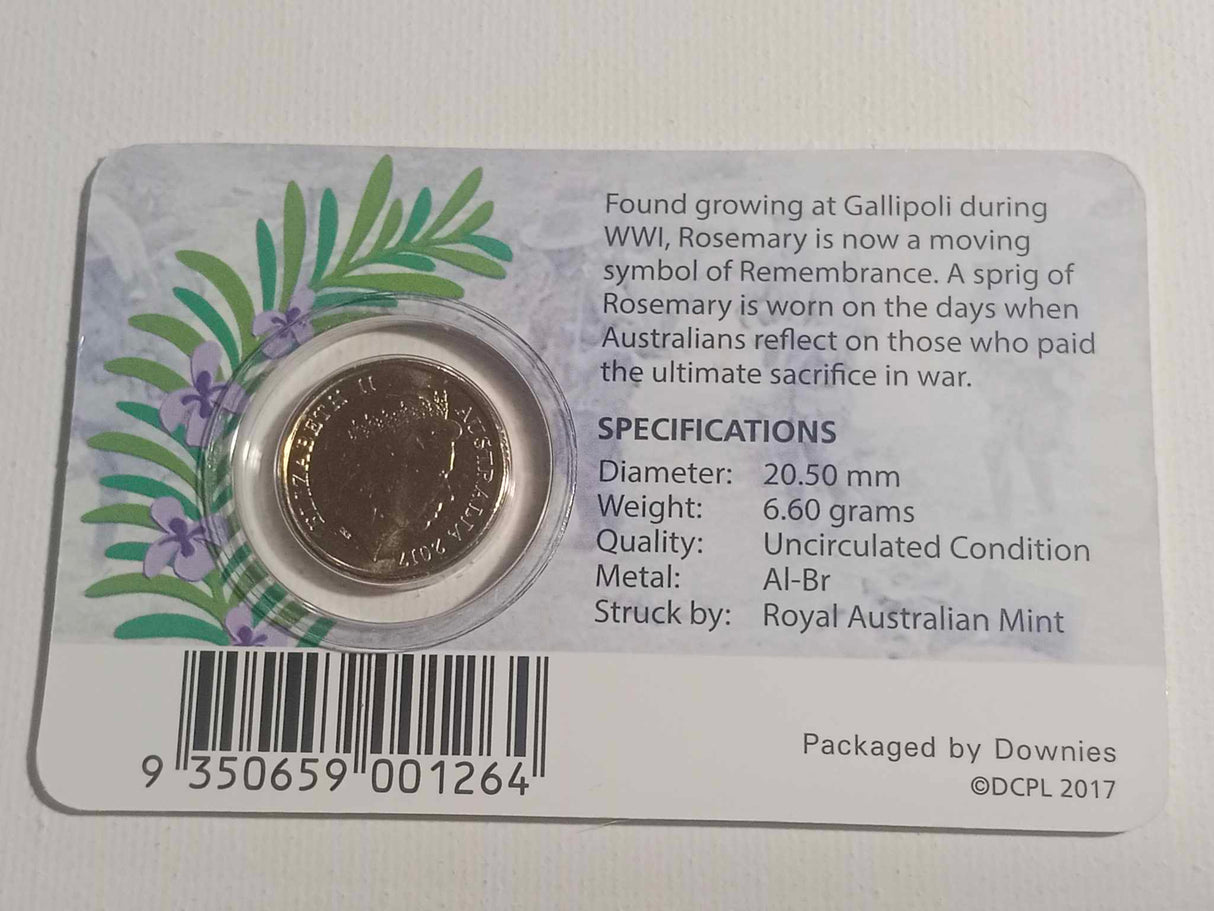 2017 $2 Remembrance Day. Rosemary Uncirculated Downies Carded Coin.