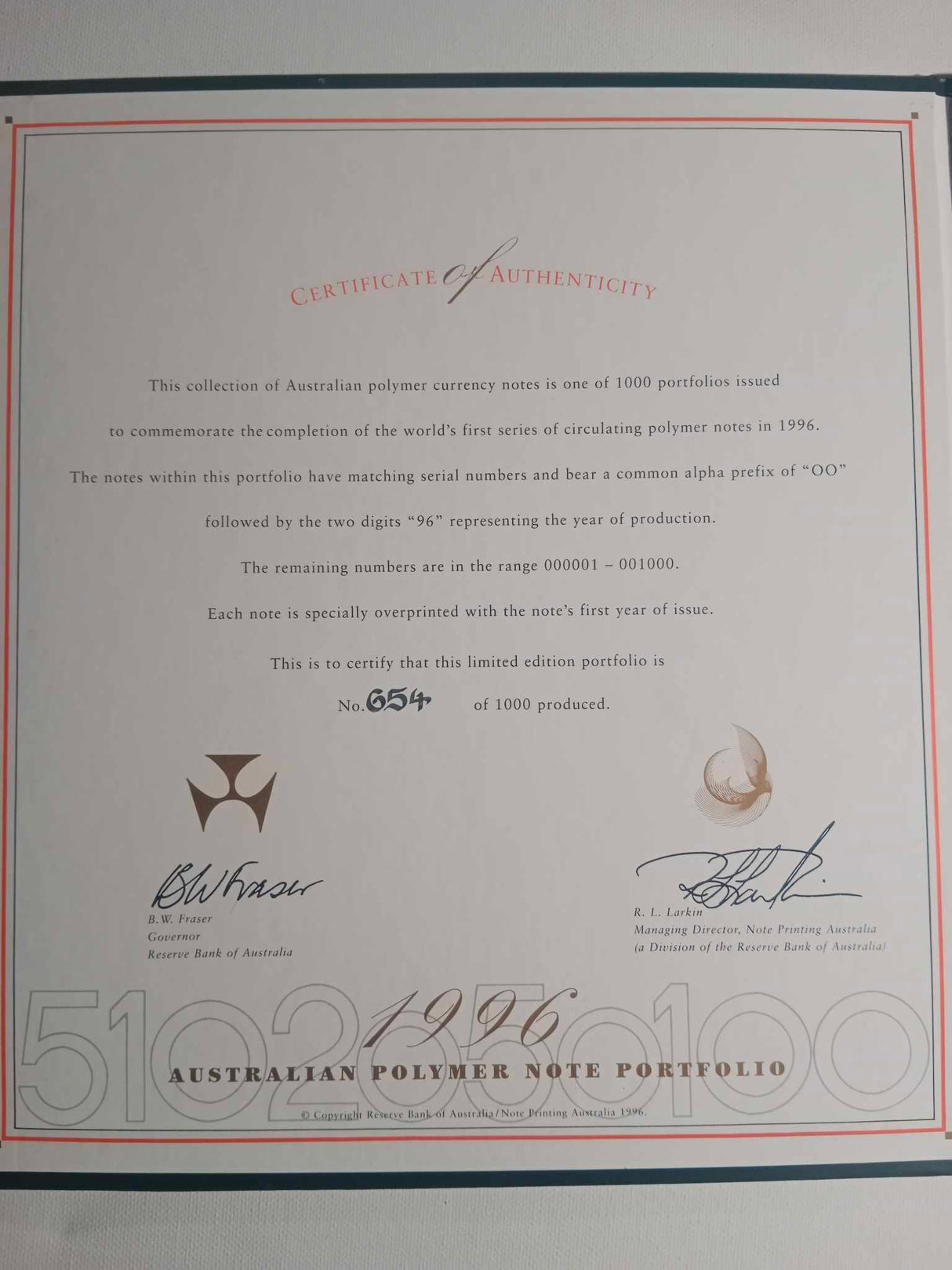 1996 Australian Polymer Note Portfolio. World's First Series of Circulating Polymer Notes