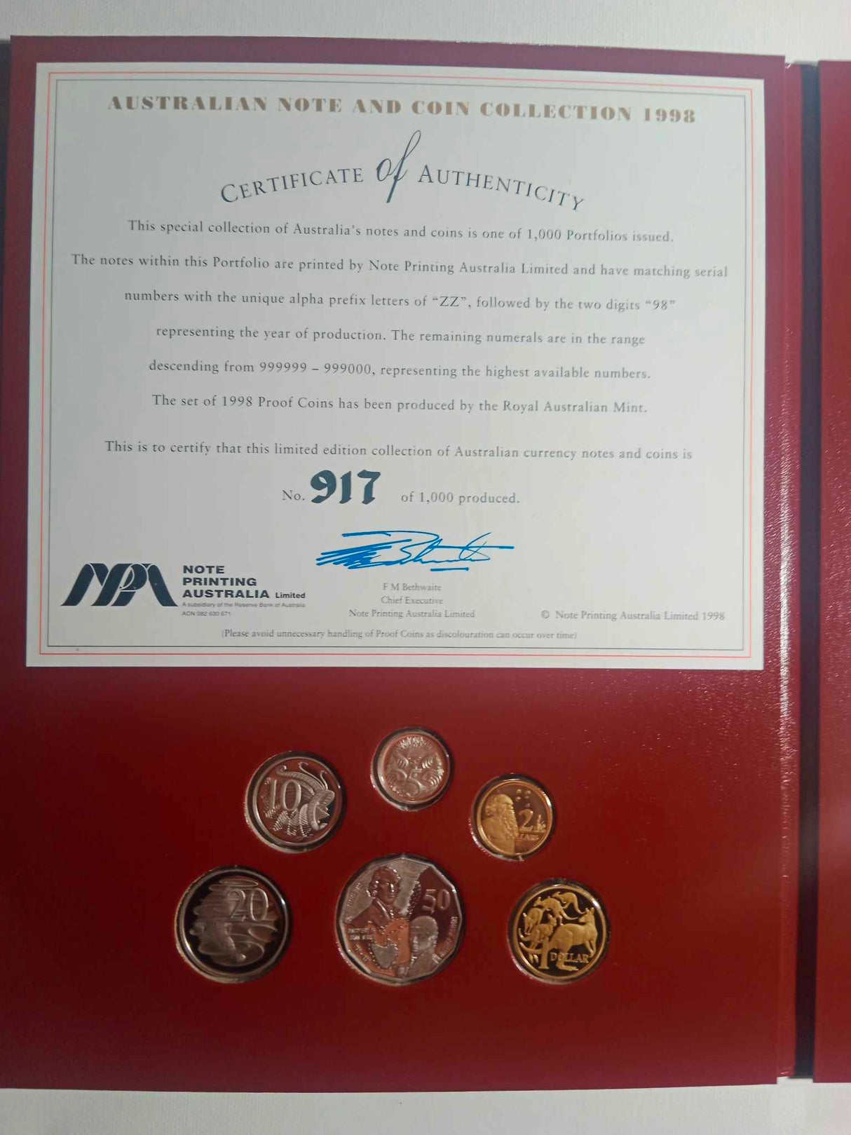 1998 Australian Note and Decimal Coin Collection.