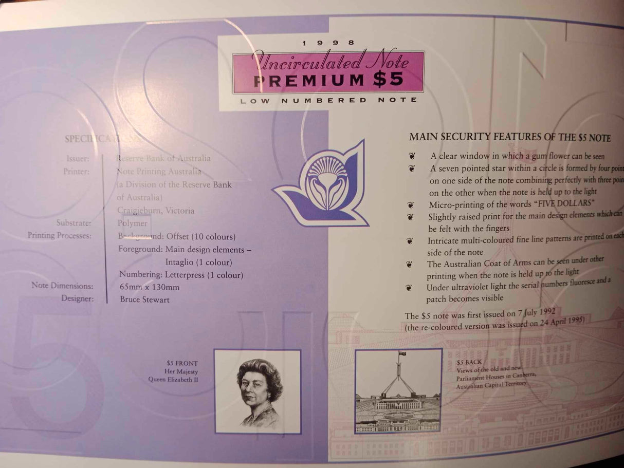 1998 Uncirculated Note Premium Edition. NPA