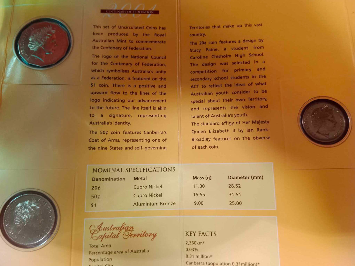 2001 State Series Uncirculated Three Coin Set. Australian Capital Territory