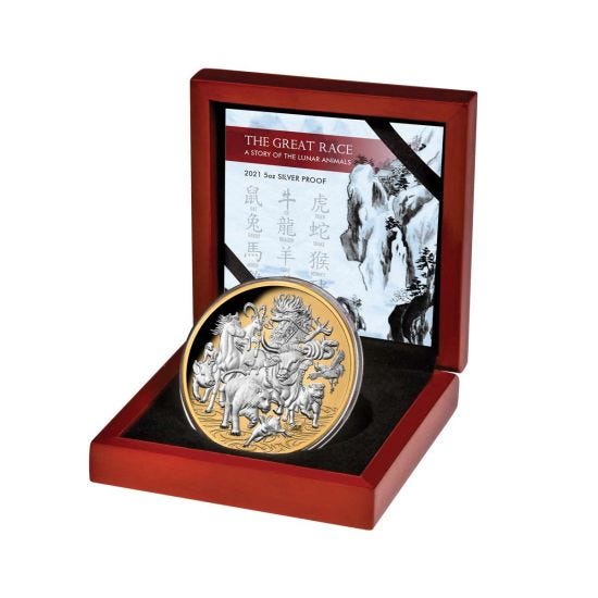 2021 $8 Niue 5oz Silver Proof Coin - The Great Race: A Story of Lunar Animals