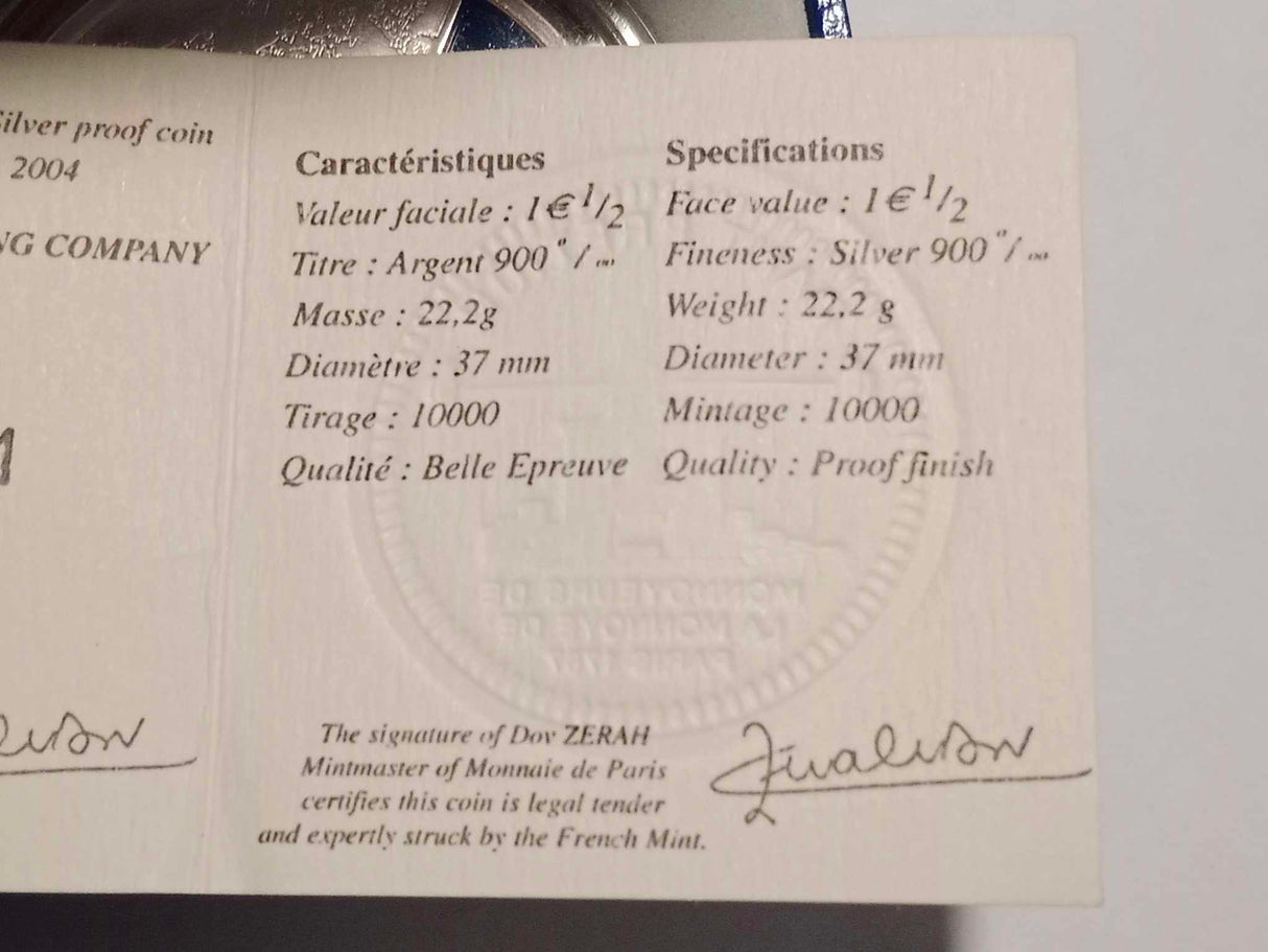 2004 1 1/2 Euro. MesSageRies MaRitiMes. Mint of Paris Silver Proof Coin.