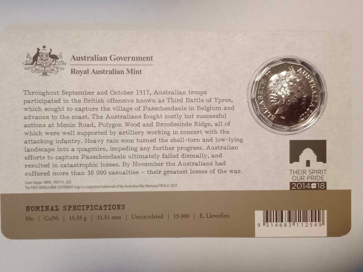 2017 50c Uncirculated Carded Coin. The Battle of Passchendaele.