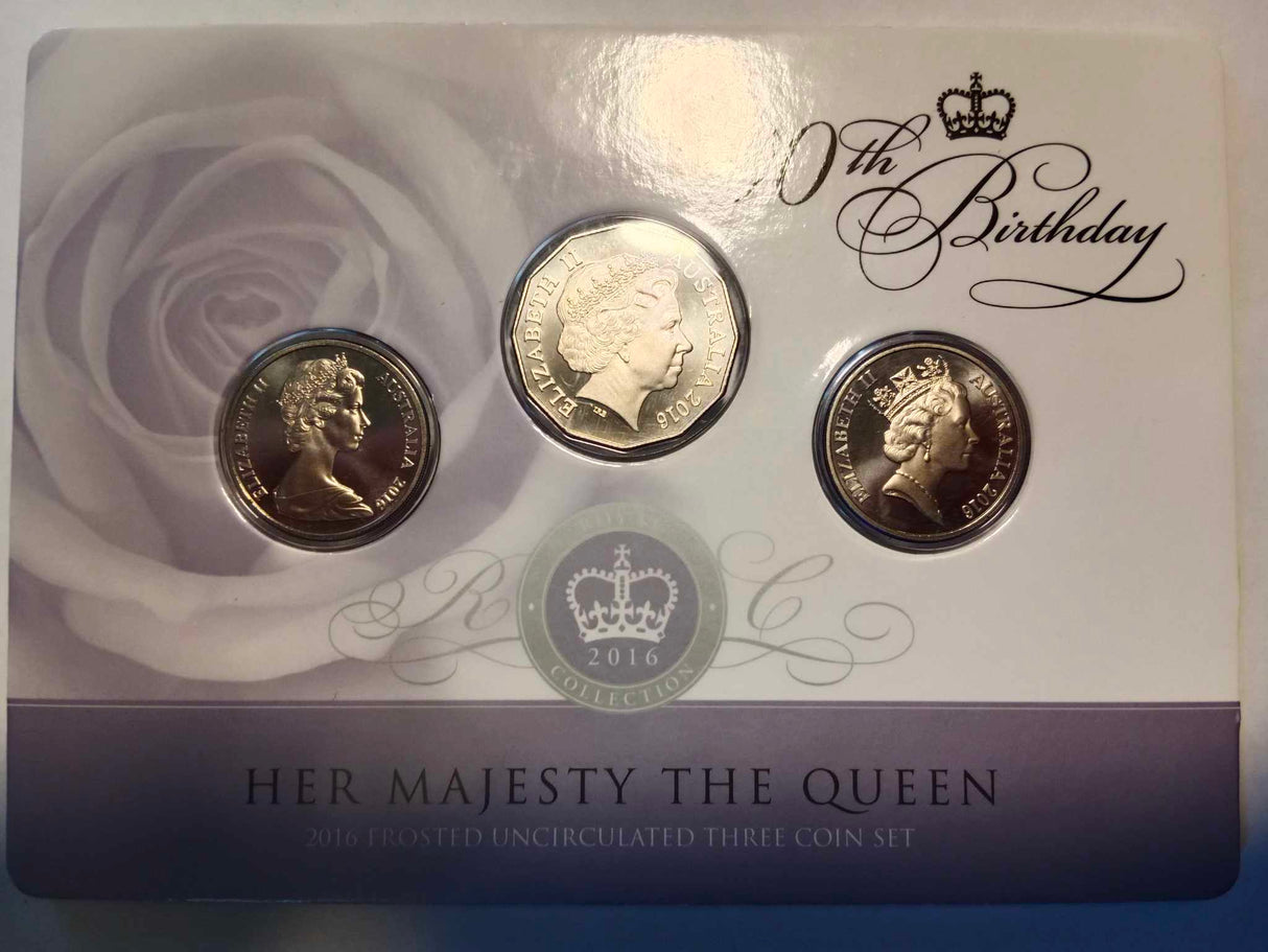 2016 Frosted Uncirculated Three Coin Set. 90th Birthday. Her Majesty The Queen.