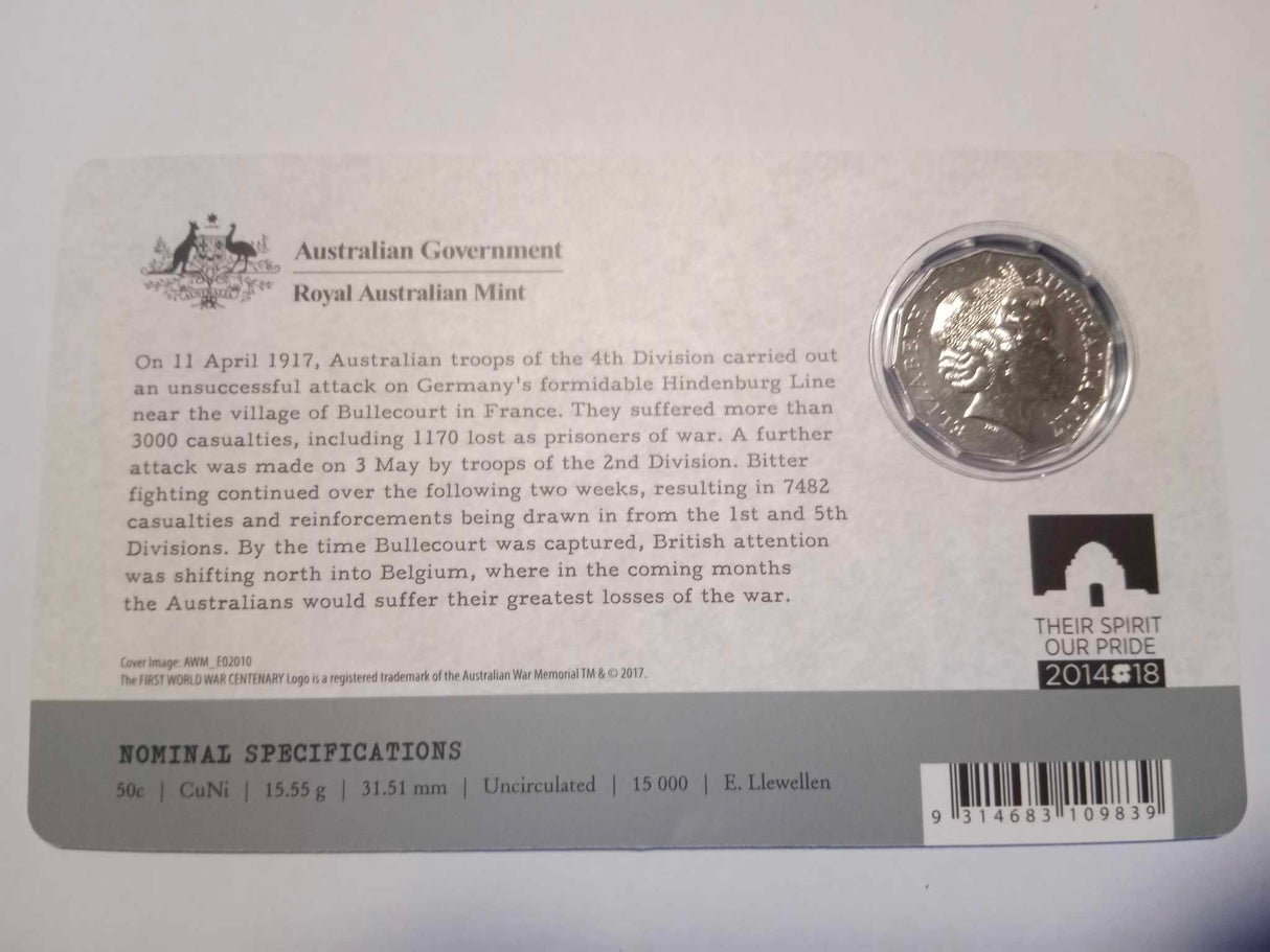 2017 50c Uncirculated Carded Coin. The Battle of Bullecourt.