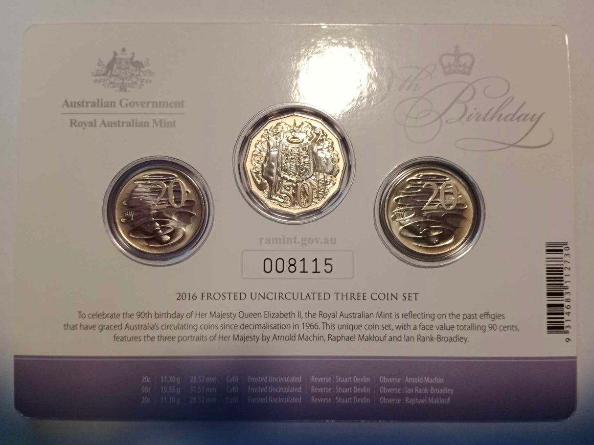 2016 Frosted Uncirculated Three Coin Set. 90th Birthday. Her Majesty The Queen.