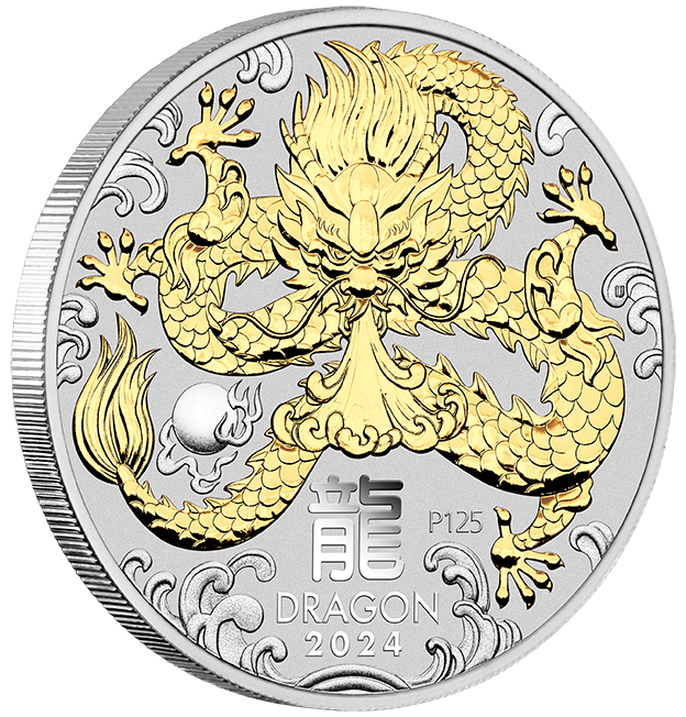 2024 Year of the Dragon. 1oz Silver Gilded Coin.