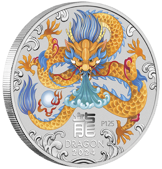 2024 1oz Silver Coloured Coin in Card. Year of the Dragon. Orange