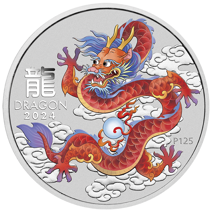 2024 1oz Silver Coloured Coin in Card. Year of the Dragon. Red.