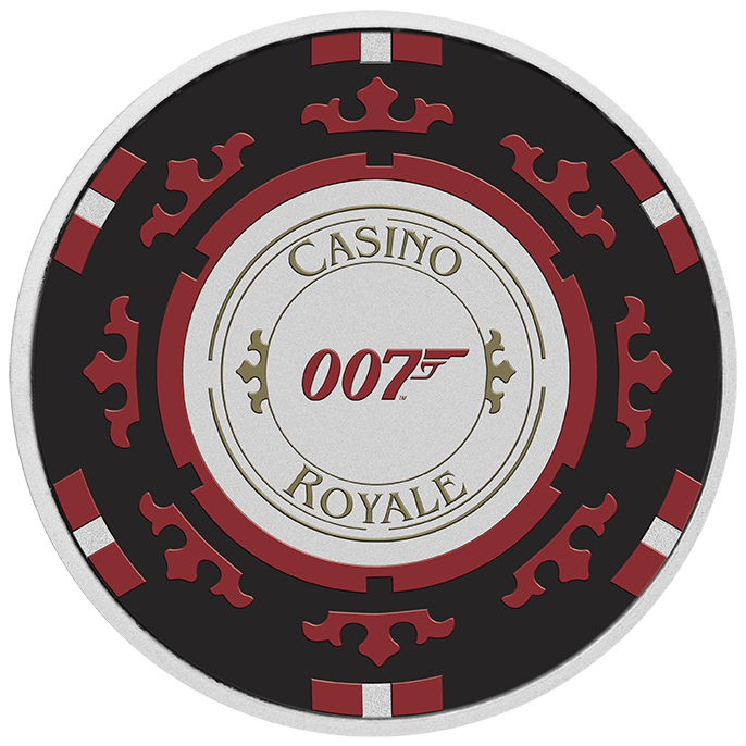 2023 1oz Silver Coloured Carded Coin.James Bond Casino Royale Casino Chip
