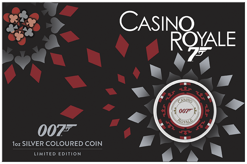 2023 1oz Silver Coloured Carded Coin.James Bond Casino Royale Casino Chip