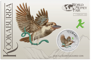 2024 Kookaburra 1oz Silver Coloured Coin in Card. World Money Fair Special.