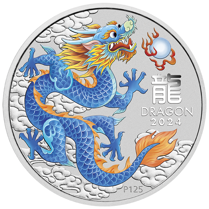 2024 $1 Perth Stamp AND Coin Show Special. Australian Lunar Series III. BLUE DRAGON Year of the Dragon. 1oz Silver Coloured