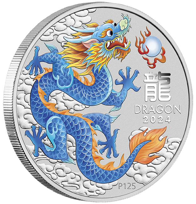 2024 $1 Perth Stamp AND Coin Show Special. Australian Lunar Series III. BLUE DRAGON Year of the Dragon. 1oz Silver Coloured