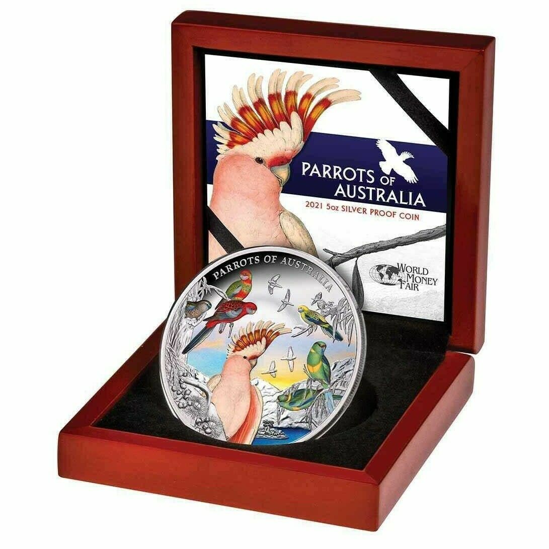 2021 5oz Silver Proof Coin – Parrots of Australia (World Money Fair Edition)
