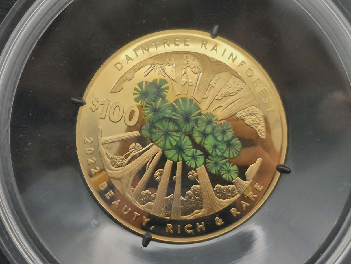 2022 $100 Gold Proof Domed Coin. Beauty, Rich and Rare: Daintree Rainforest.