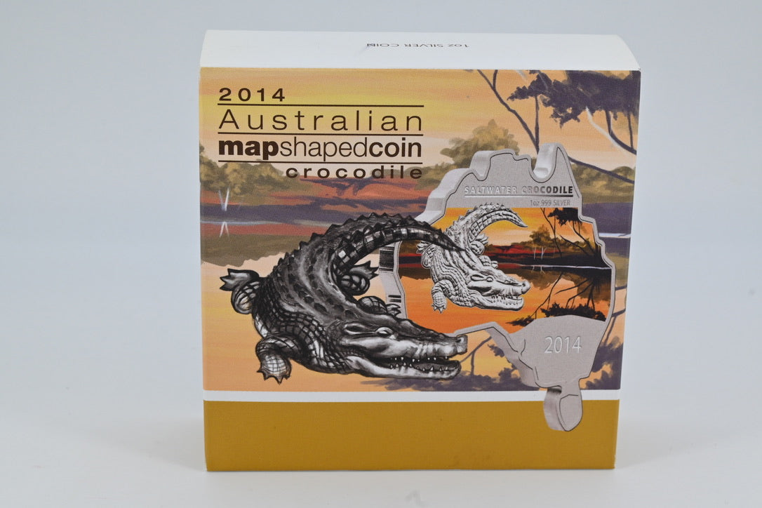 2014 $1 1oz Silver Proof Coin. Australian Map Shaped Coin. Crocodile.