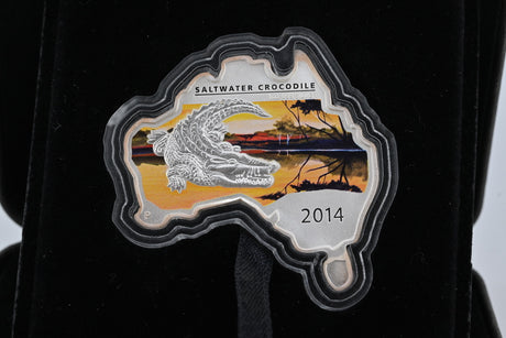 2014 $1 1oz Silver Proof Coin. Australian Map Shaped Coin. Crocodile.