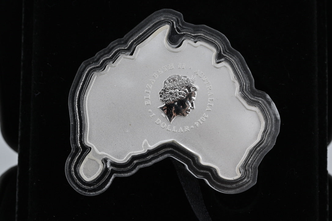 2014 $1 1oz Silver Proof Coin. Australian Map Shaped Coin. Crocodile.