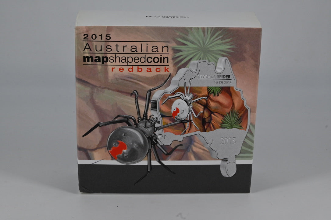 2015 $1 1oz Silver Proof Coin. Australian Map Shaped Coin – Redback Spider.
