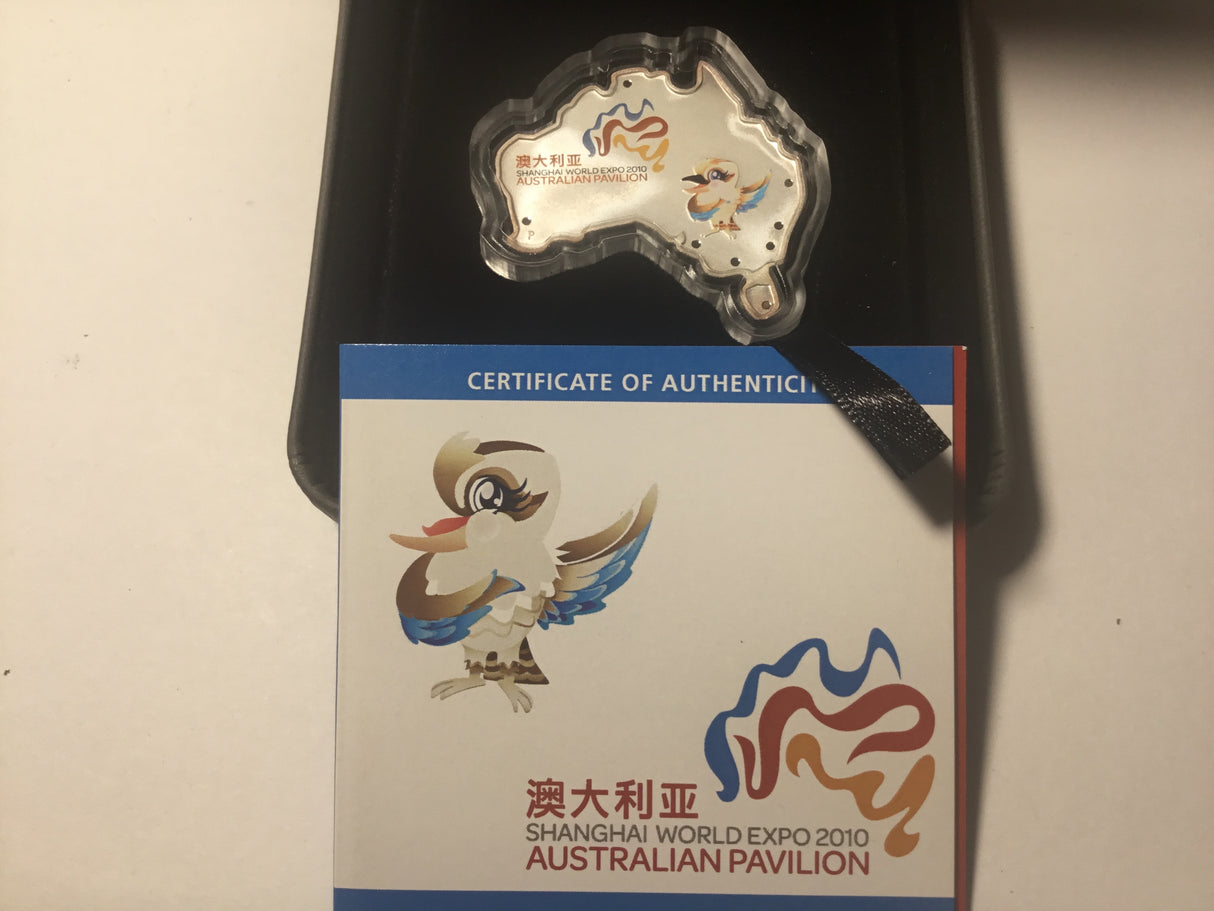 2010 $1 Australian Kookaburra. 1oz Silver Map Shaped Coin. Shanghai World Expo.