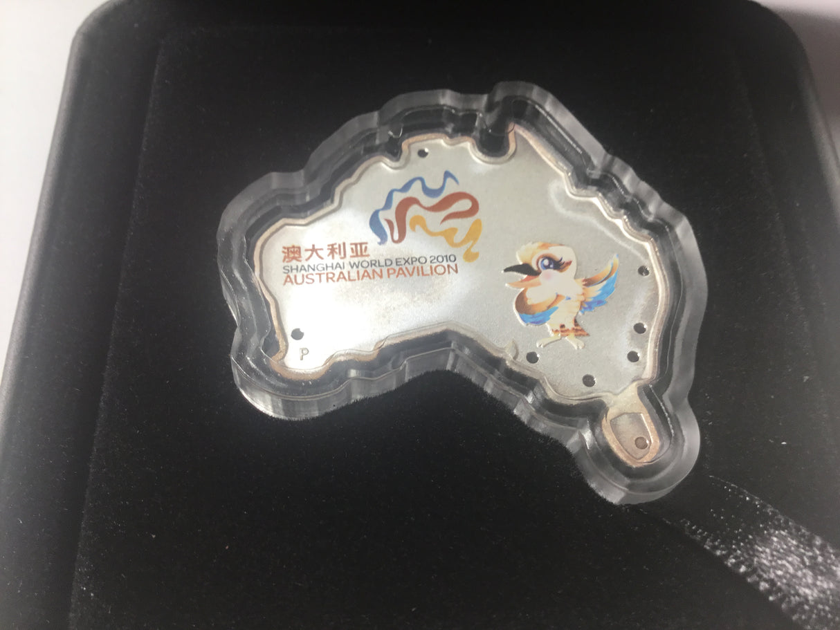 2010 $1 Australian Kookaburra. 1oz Silver Map Shaped Coin. Shanghai World Expo.