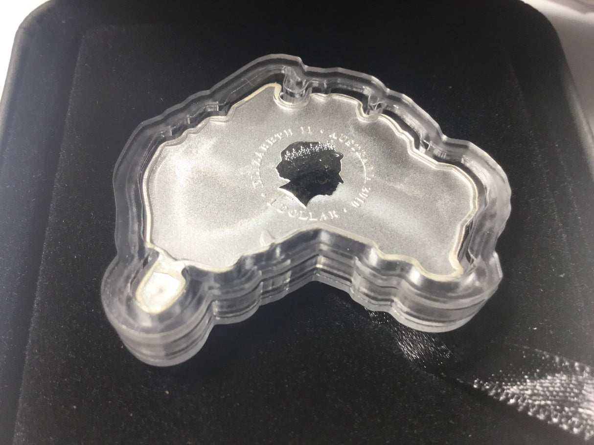 2010 $1 Australian Kookaburra. 1oz Silver Map Shaped Coin. Shanghai World Expo.