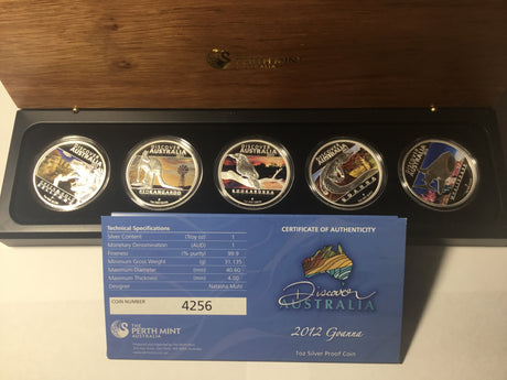 2012 Discover Australia 5 Coin Silver Set. Bellfrog, Red Kangaroo, Kookaburra, Goanna, Whale Shark.