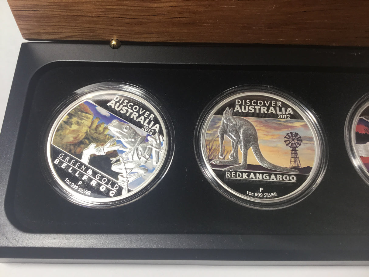2012 Discover Australia 5 Coin Silver Set. Bellfrog, Red Kangaroo, Kookaburra, Goanna, Whale Shark.