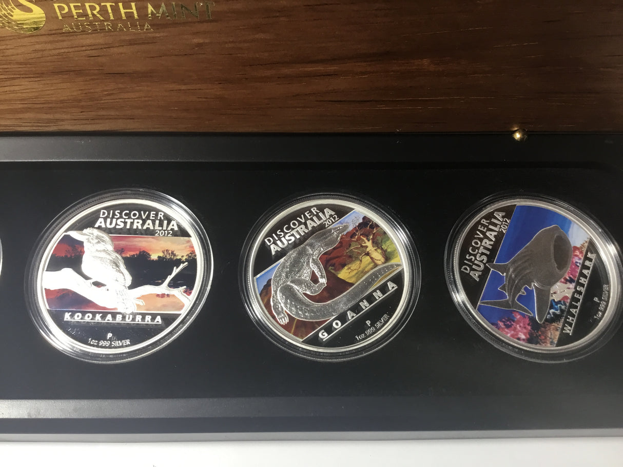 2012 Discover Australia 5 Coin Silver Set. Bellfrog, Red Kangaroo, Kookaburra, Goanna, Whale Shark.