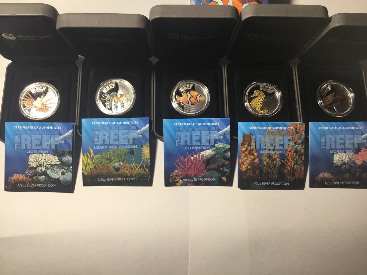 2009/2010 The Reef. Australian Sea Life. 5 Coin Silver Set. Lionfish, Leafy Sea Dragon, Clownfish, Seahorse, Moray Eel.