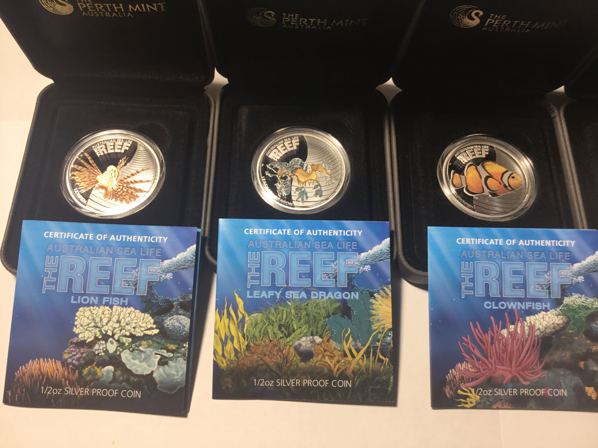 2009/2010 The Reef. Australian Sea Life. 5 Coin Silver Set. Lionfish, Leafy Sea Dragon, Clownfish, Seahorse, Moray Eel.