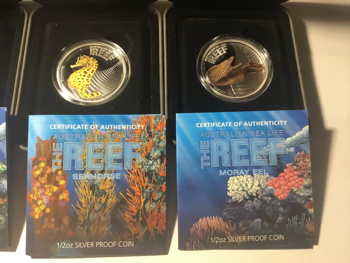 2009/2010 The Reef. Australian Sea Life. 5 Coin Silver Set. Lionfish, Leafy Sea Dragon, Clownfish, Seahorse, Moray Eel.