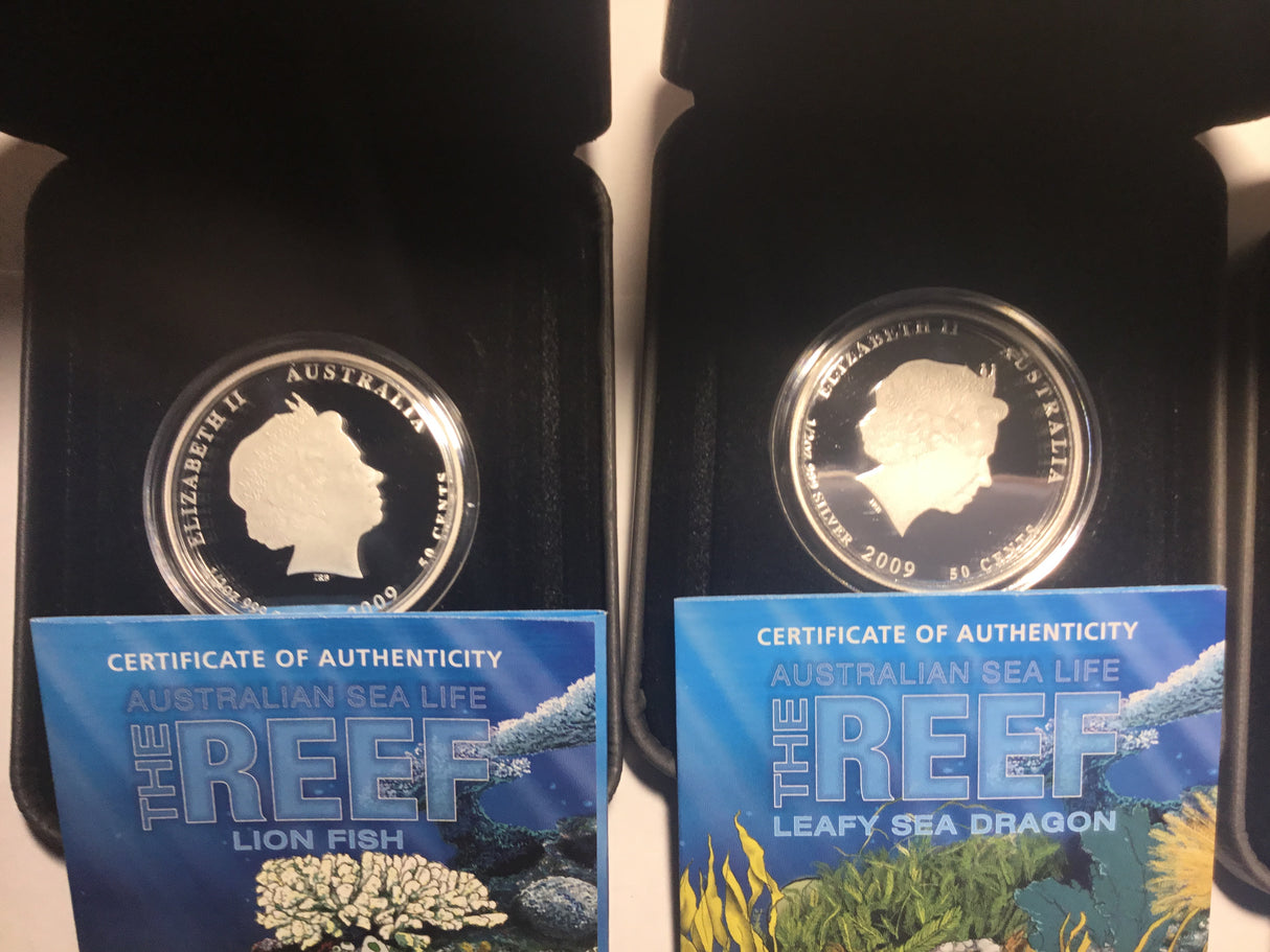 2009/2010 The Reef. Australian Sea Life. 5 Coin Silver Set. Lionfish, Leafy Sea Dragon, Clownfish, Seahorse, Moray Eel.