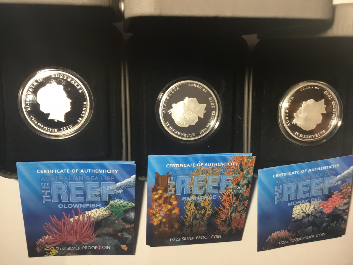 2009/2010 The Reef. Australian Sea Life. 5 Coin Silver Set. Lionfish, Leafy Sea Dragon, Clownfish, Seahorse, Moray Eel.