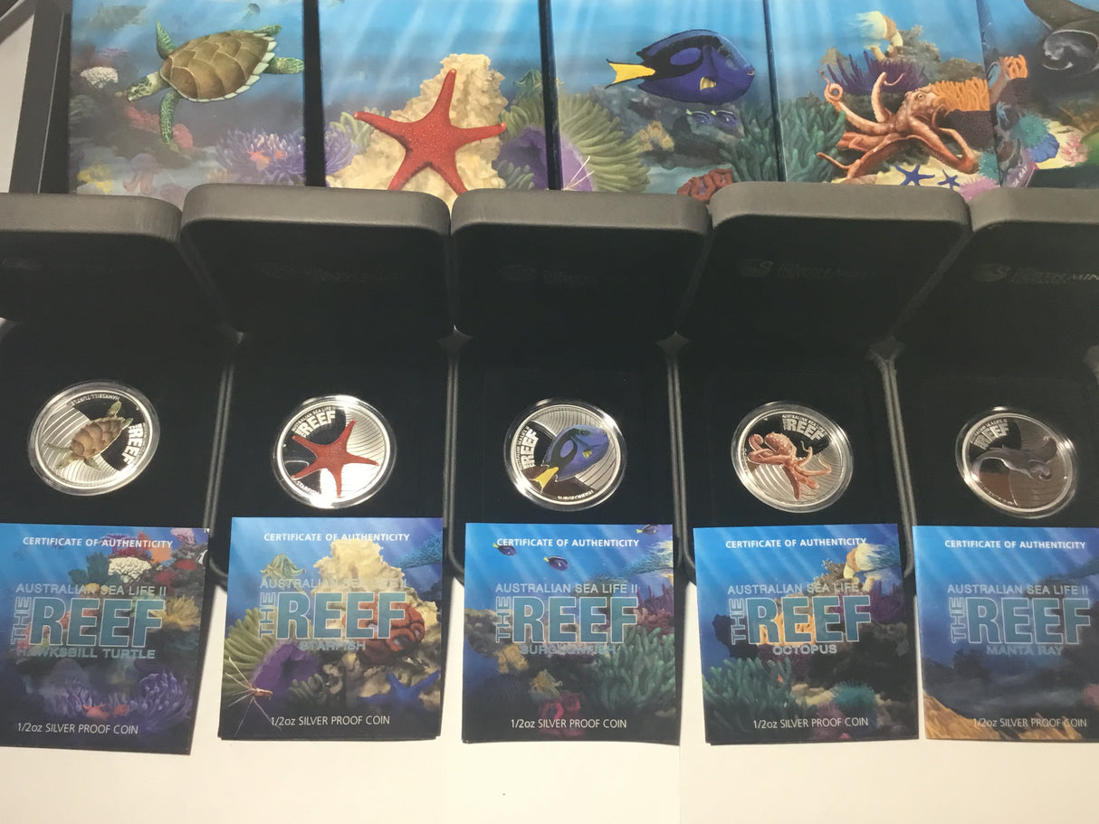 2011/2012 The Reef. Australian Sea Life II. 5 Coin Silver Set. Hawksbill Turtle, Starfish, Octopus, Manta Ray, Surgeonfish.