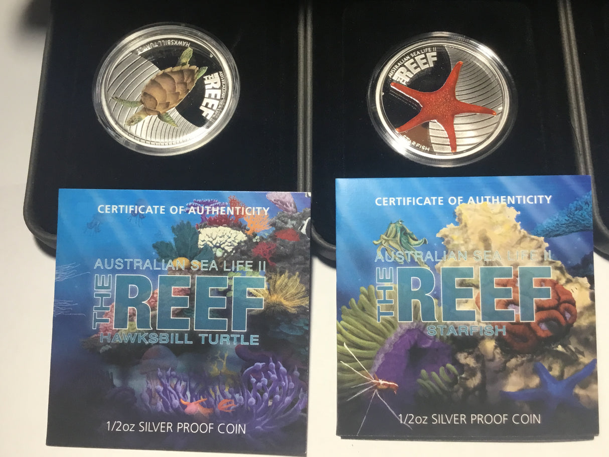 2011/2012 The Reef. Australian Sea Life II. 5 Coin Silver Set. Hawksbill Turtle, Starfish, Octopus, Manta Ray, Surgeonfish.